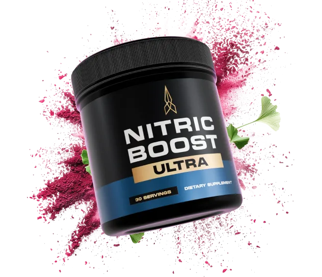 Nitric Boost Ultra jar with beet root powder explosion and ginkgo leaves