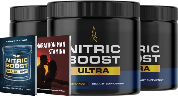 Three jars of Nitric Boost Ultra with bonus guides